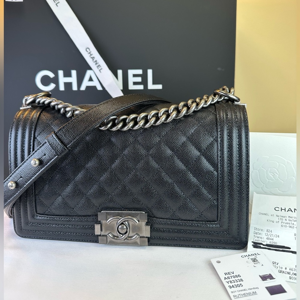 CHANEL NWT Boy Bag Med Black Caviar Ruthenium HDW Microchipped receipt box COA